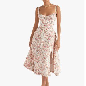 Floral Corset Midi Dress, Summer Boho Square Neck Sleeveless Flowy Slit Lace Up